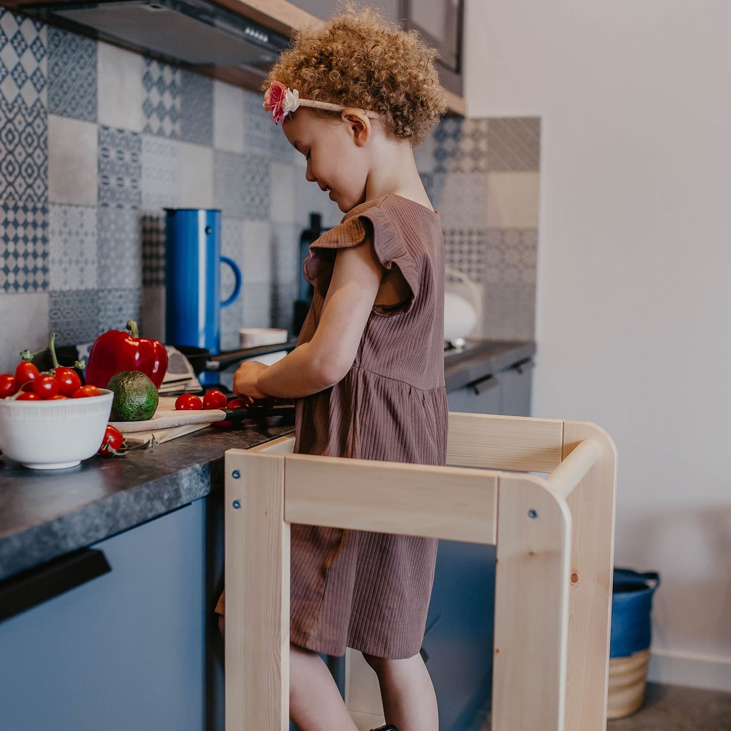 MeowBaby® Kitchen Helper Drewniany Pomocnik Kuchenny dla Dziecka, Naturalne Drewno