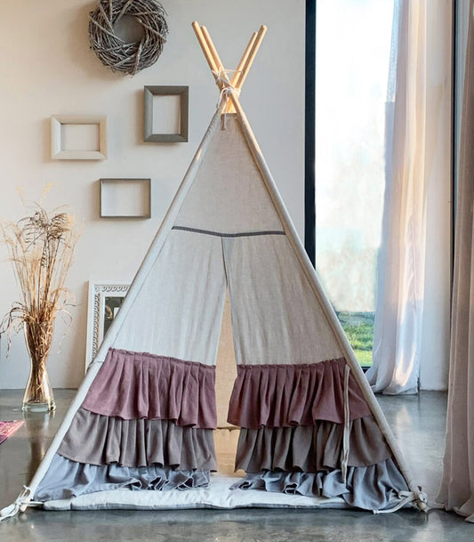 Lniany Zakątek – tipi, namiot dla dzieci z matą podłogową