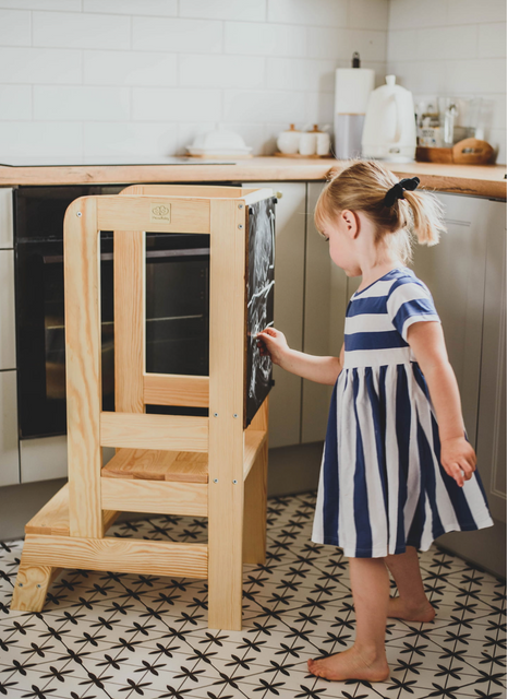MeowBaby® Kitchen Helper z Tablicą Pomocnik Kuchenny dla Dziecka, Naturalne drewno