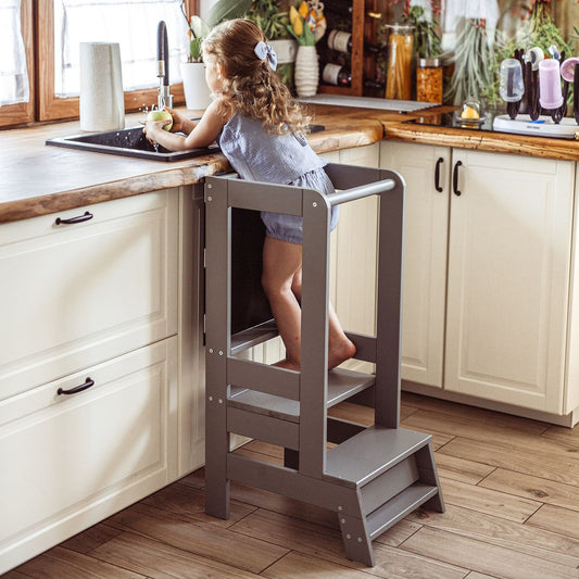 MeowBaby® Kitchen Helper z Tablicą Drewniany Pomocnik Kuchenny dla Dziecka, Szary Ciemny