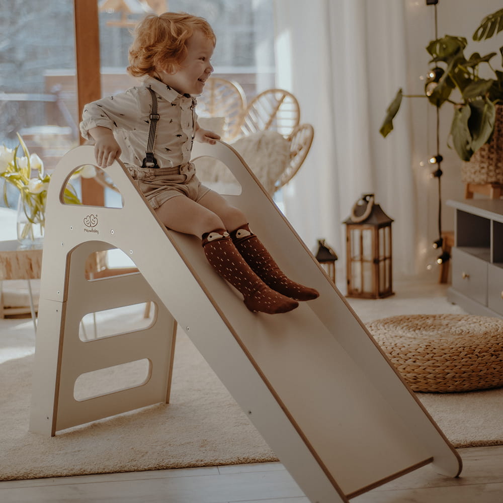 MeowBaby® Montessori drewniana zjeżdżalnia dla dzieci, Scandi - biała